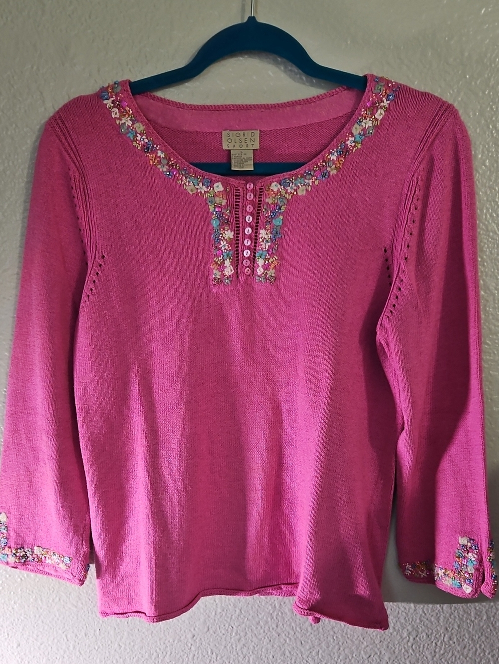 Sigrid Olsen Sport Pink Embroidered Sequin Knit Sweater Size L